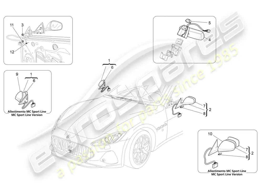 maserati granturismo s (2019) diagrama de piezas de los espejos retrovisores internos y externos