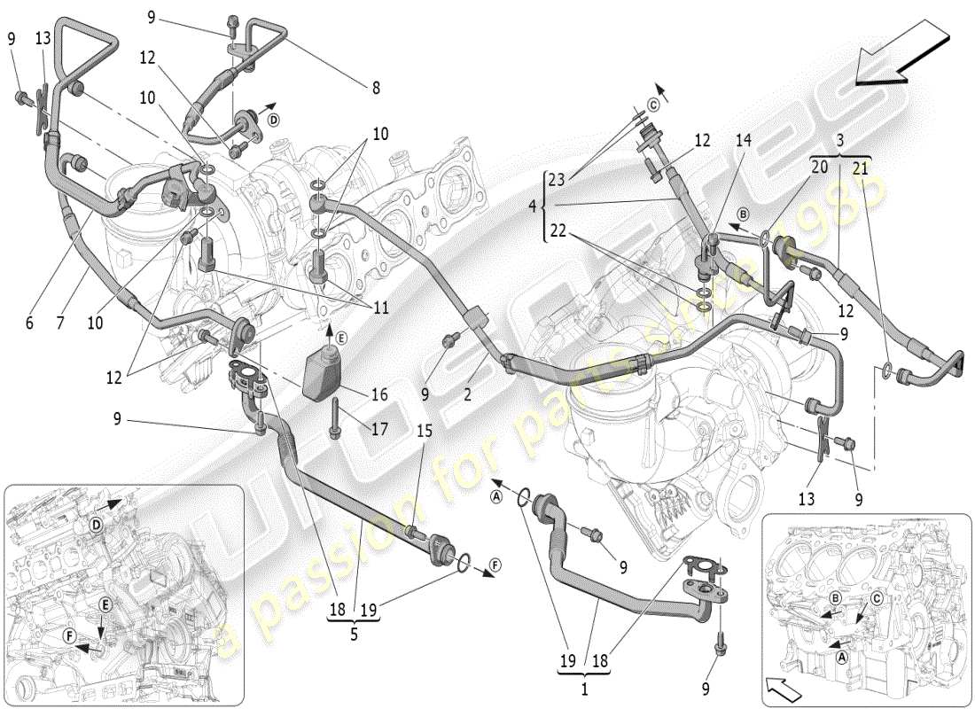 maserati mc20 (2024) sistema de turbocargación: lubricación y enfriamiento diagrama de piezas