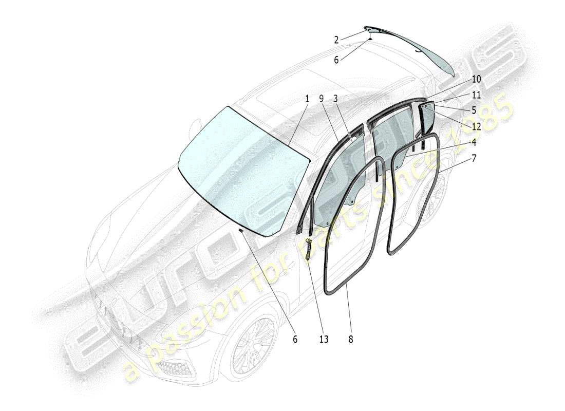 maserati grecale modena (2023) diagrama de piezas de ventanas y listones de ventanas