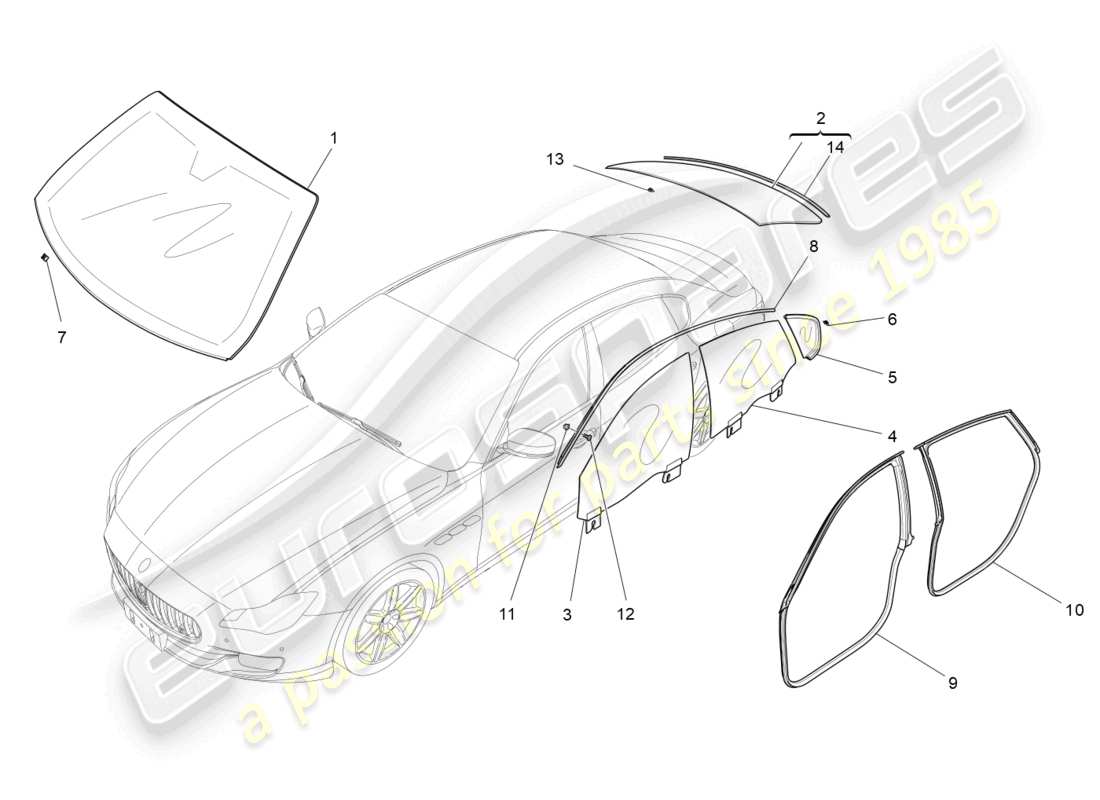 maserati quattroporte (2018) diagrama de piezas de ventanas y listones de ventanas