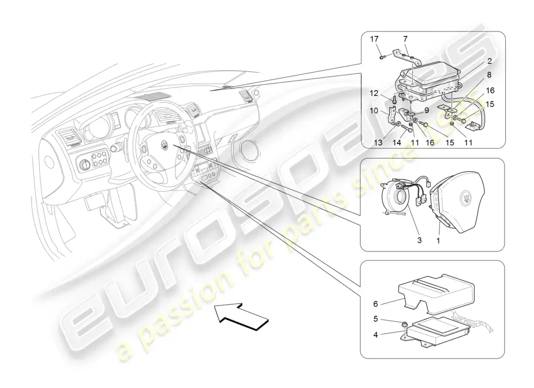 maserati granturismo (2008) sistema de airbag delantero diagrama de piezas