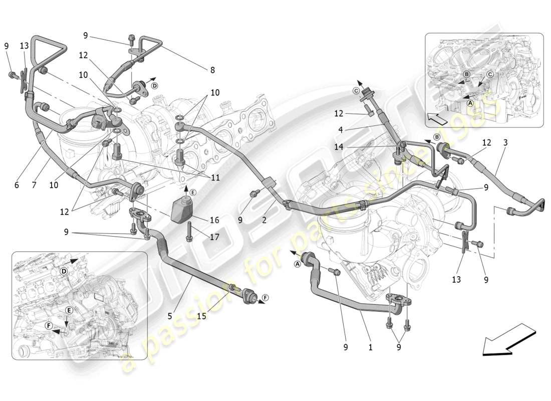 maserati mc20 (2023) sistema de turboalimentación: lubricación y enfriamiento diagrama de piezas