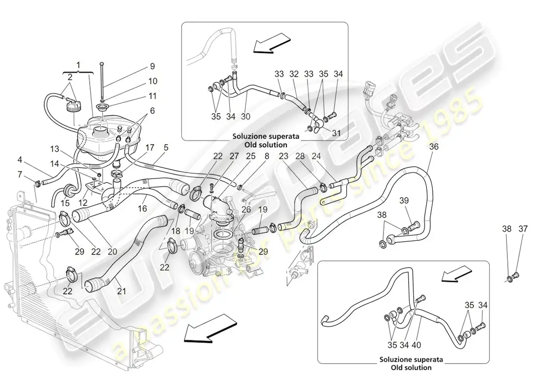 maserati granturismo (2009) sistema de enfriamiento: nourice y líneas diagrama de piezas