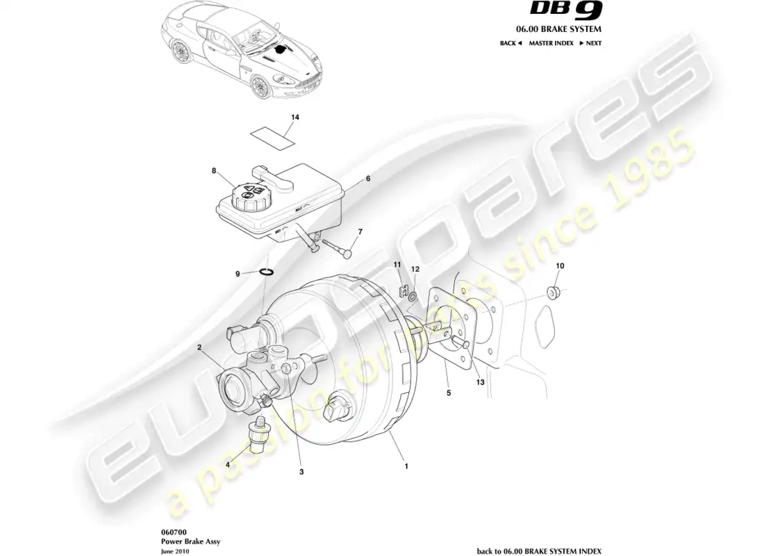 aston martin db9 (2006) conjunto de freno de potencia diagrama de piezas