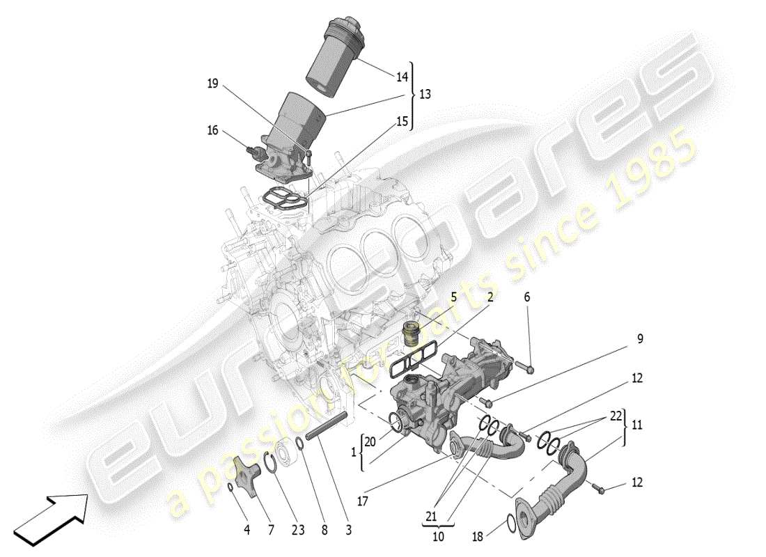 maserati mc20 (2024) sistema de lubricación: diagrama de piezas de bomba y filtro
