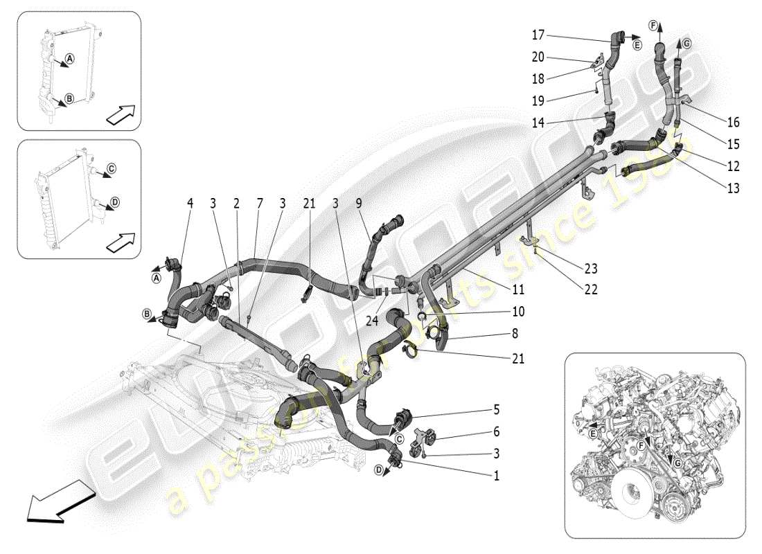 maserati mc20 (2024) sistema de refrigeración: diagrama de piezas de nourice y líneas