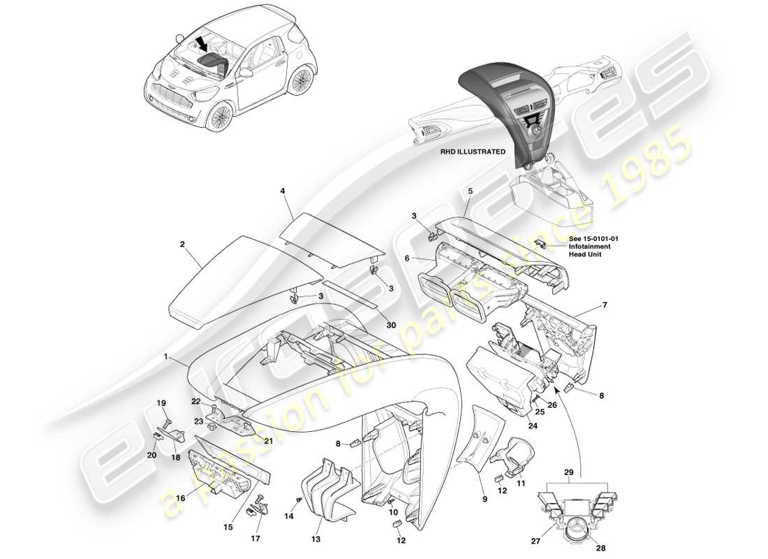 aston martin cygnet (2012) diagrama de piezas de la consola central
