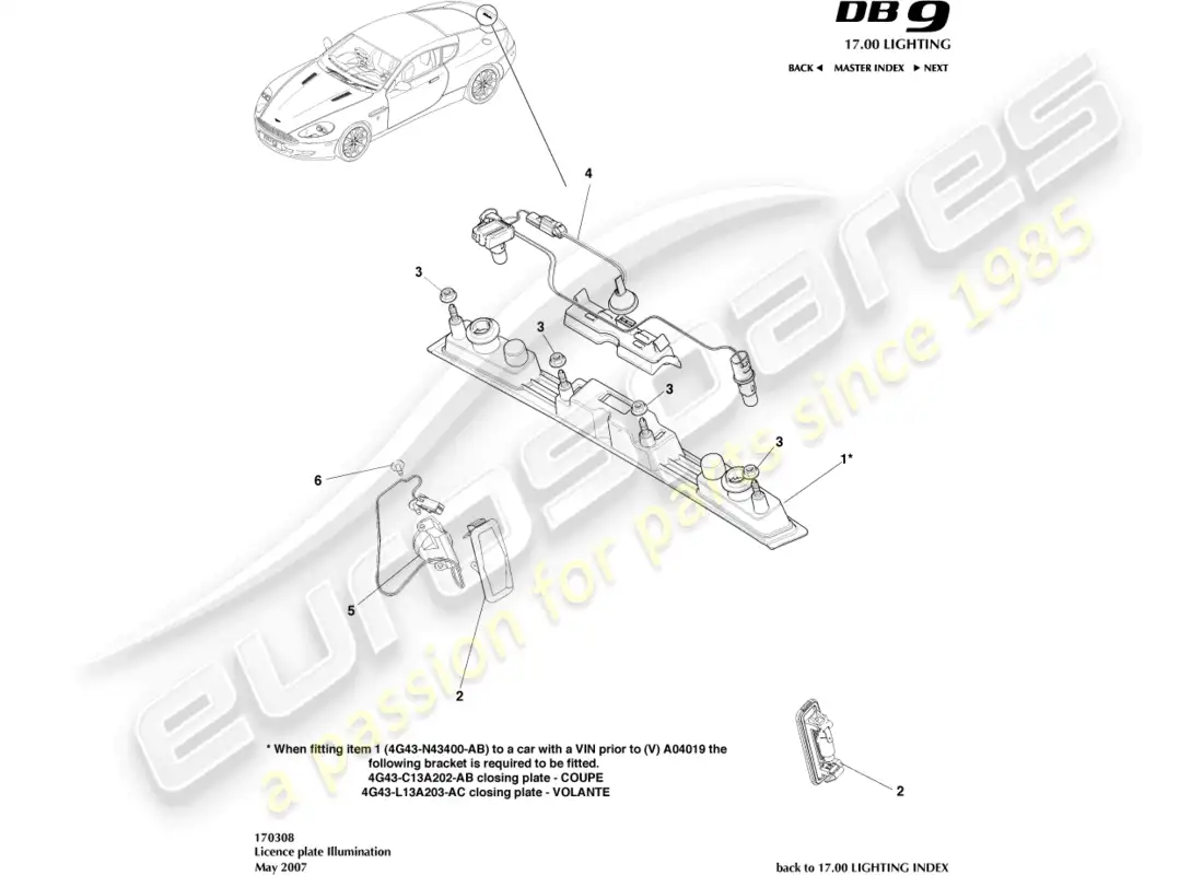 aston martin db9 (2007) license plate lamps diagrama de piezas