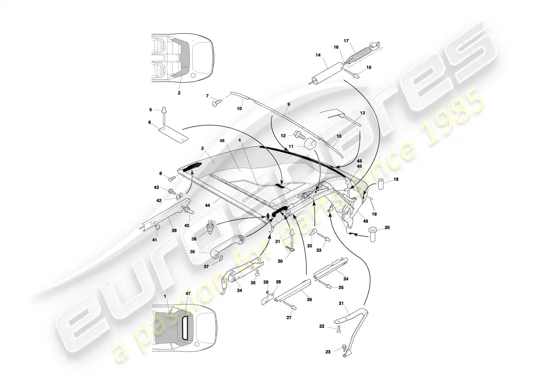 aston martin db7 vantage (2003) diagrama de piezas de moldura superior y techo volante