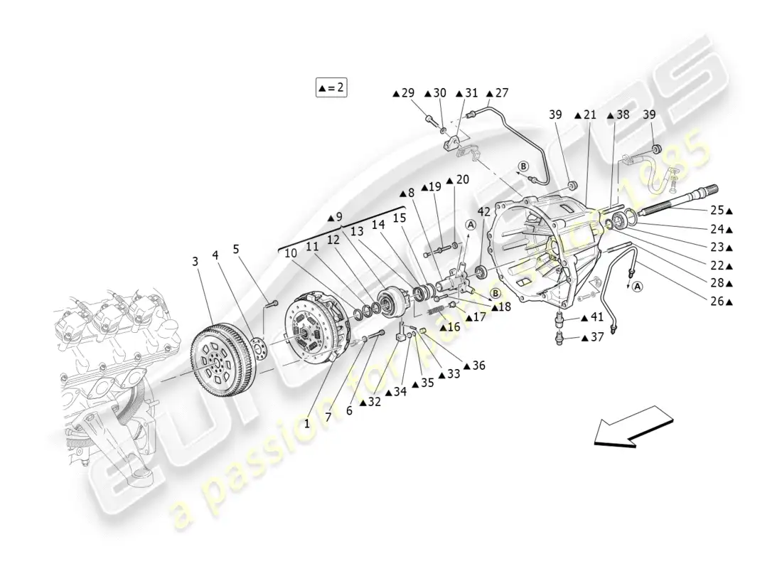 maserati granturismo (2009) discos de fricción y carcasa para caja de cambios f1 diagrama de piezas