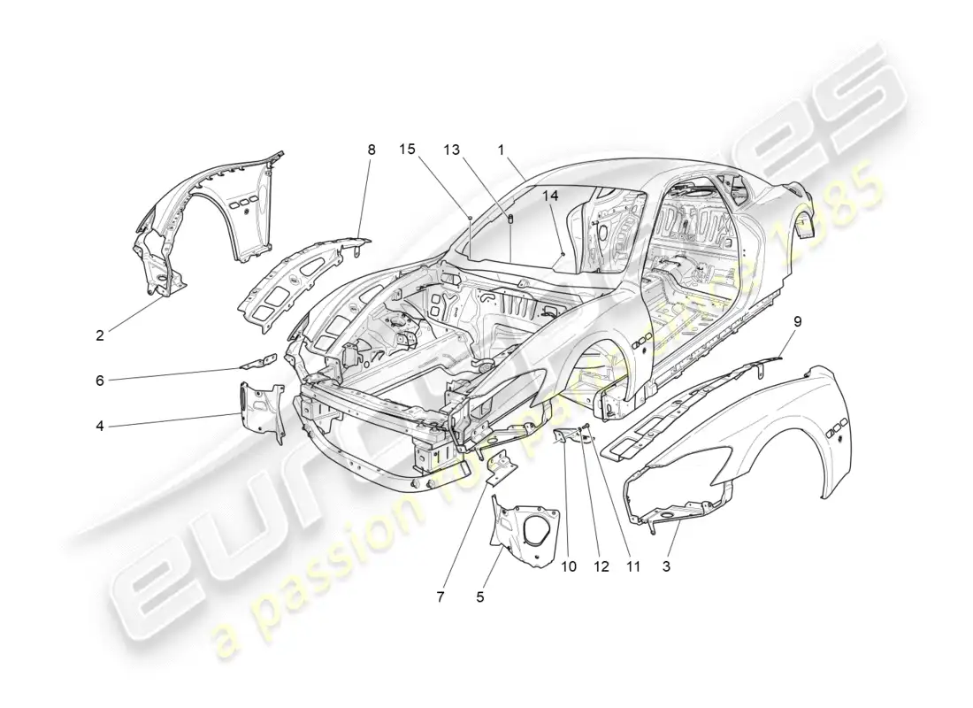 maserati granturismo (2011) carrocería y paneles exteriores delanteros diagrama de piezas