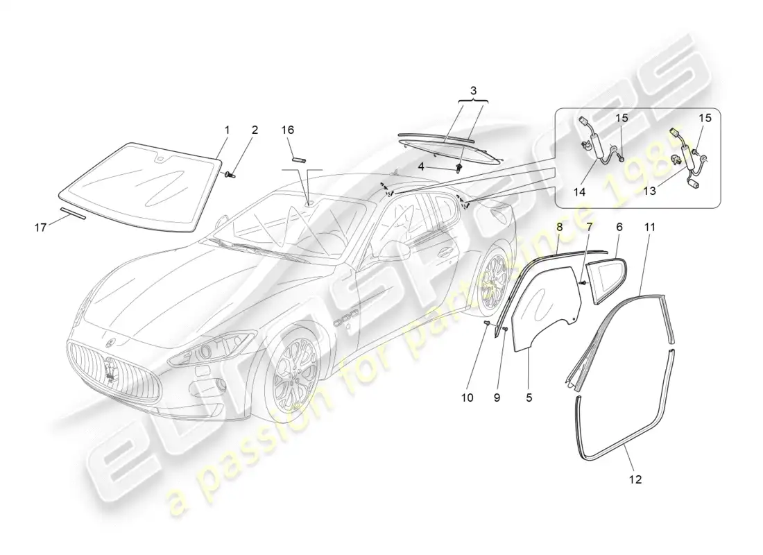 maserati granturismo (2015) ventanas y bandas de ventanas diagrama de piezas