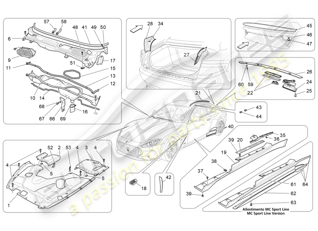 maserati granturismo s (2018) protectores, embellecedores y paneles de cobertura diagrama de piezas
