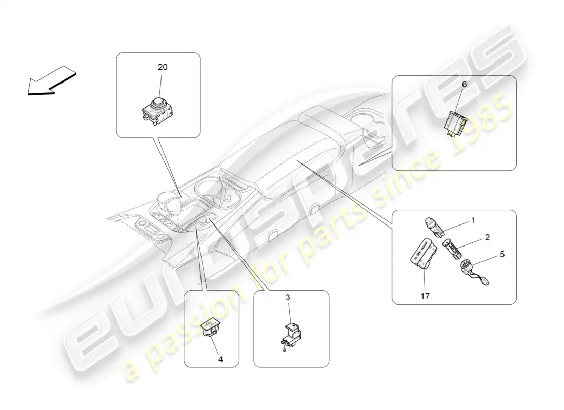 maserati granturismo s (2018) dispositivos de consola central diagrama de piezas