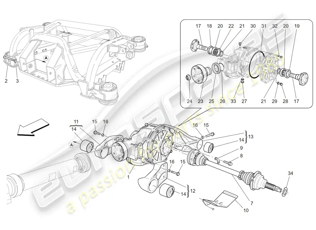 maserati granturismo (2009) ejes diferencial y eje trasero diagrama de piezas