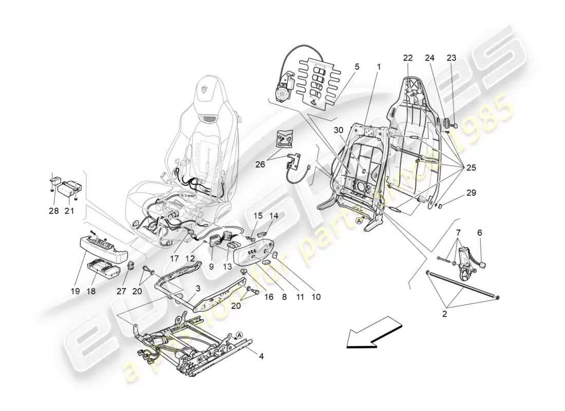 maserati granturismo s (2019) asientos delanteros: diagrama de piezas de mecánica y electrónica