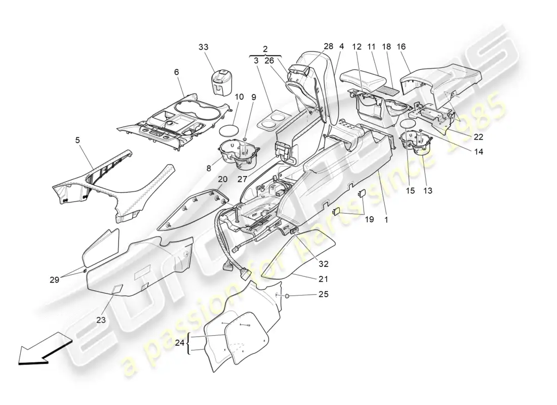 maserati granturismo s (2019) diagrama de piezas de la consola de accesorios y la consola central