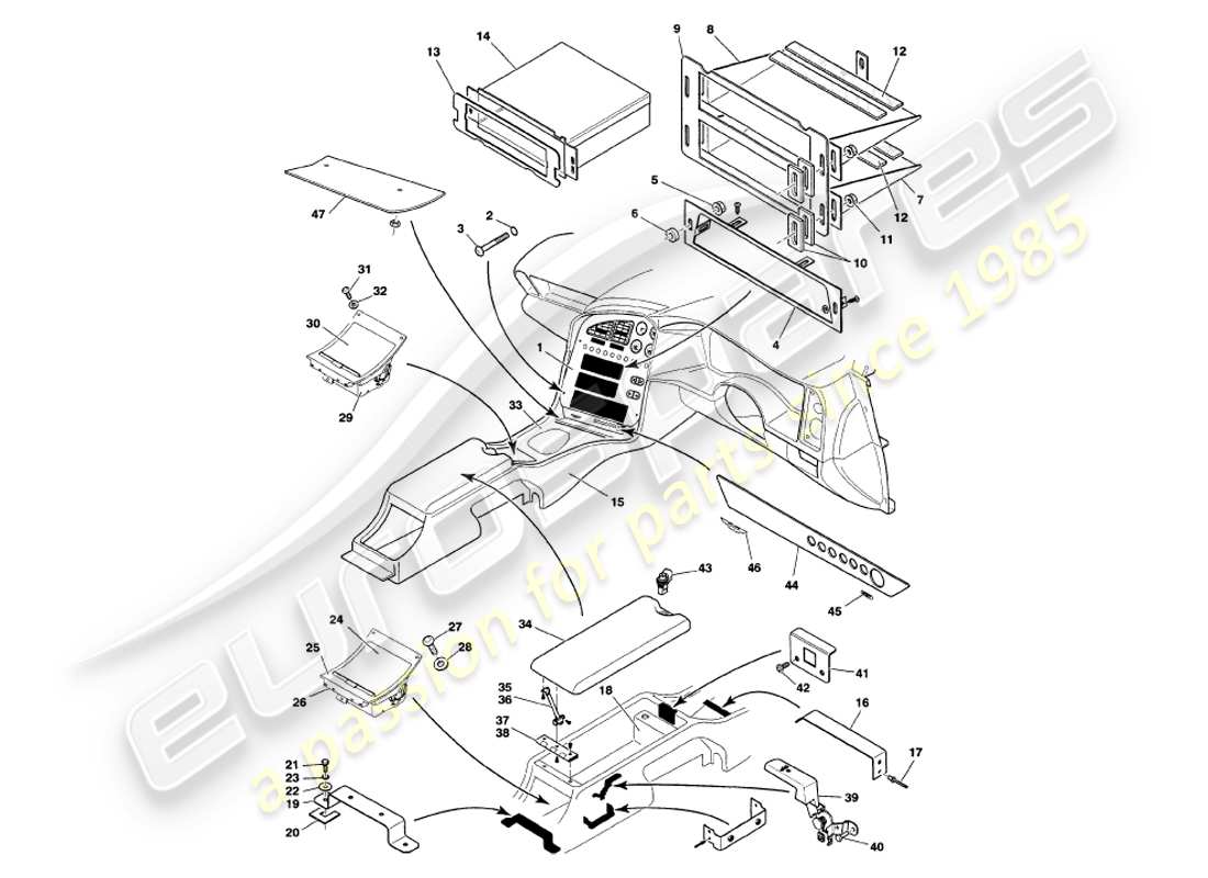 aston martin v8 volante (1999) diagrama de piezas de moldura y consola central