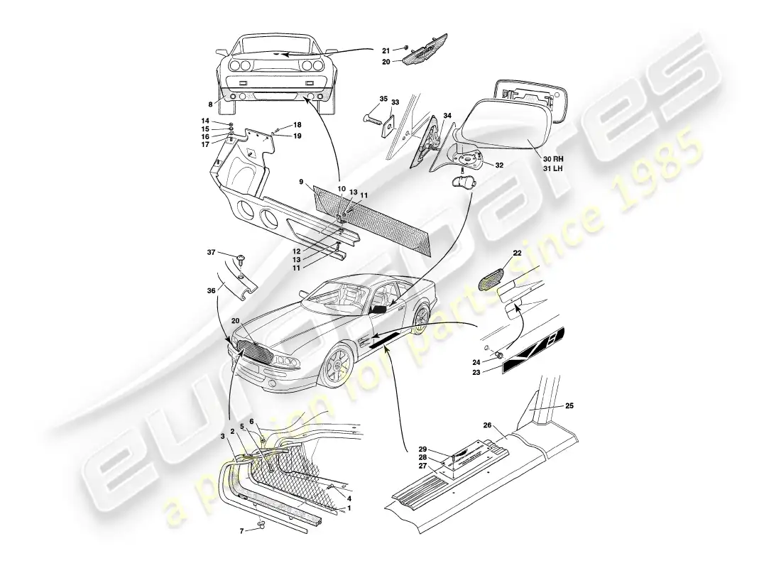 aston martin v8 coupe (2000) accesorios para el cuerpo diagrama de piezas
