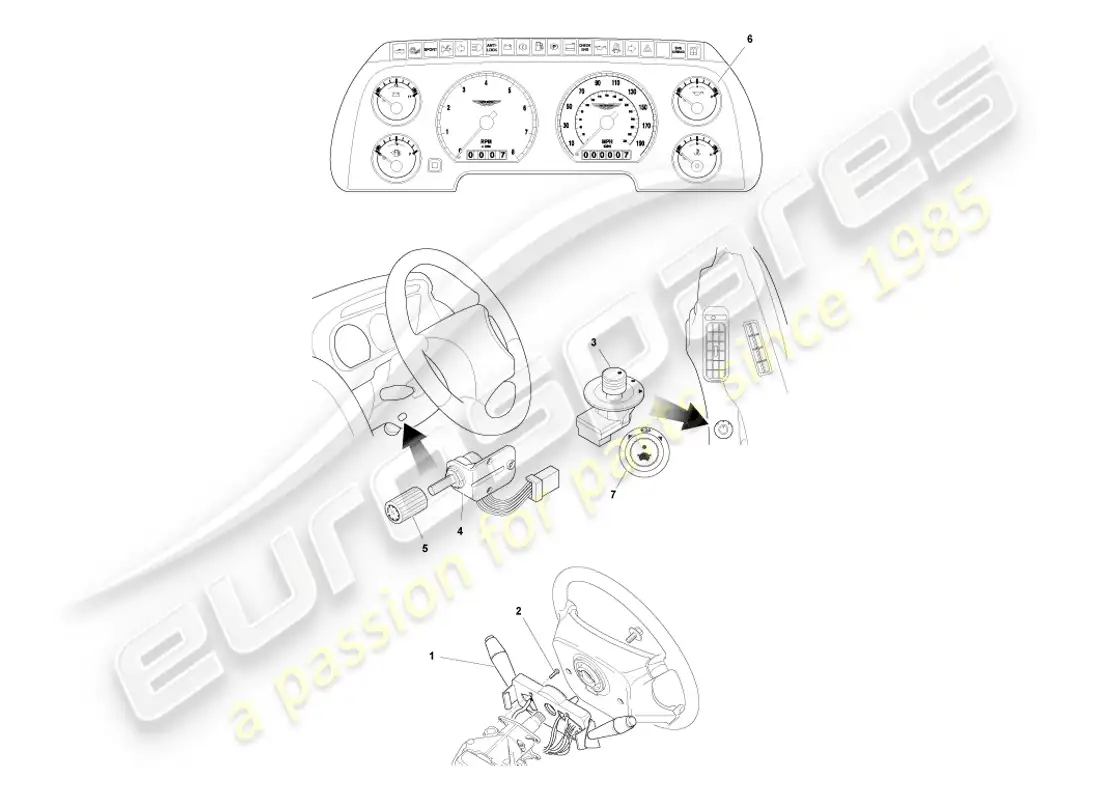 aston martin db7 vantage (2003) diagrama de piezas de instrumentos y controles