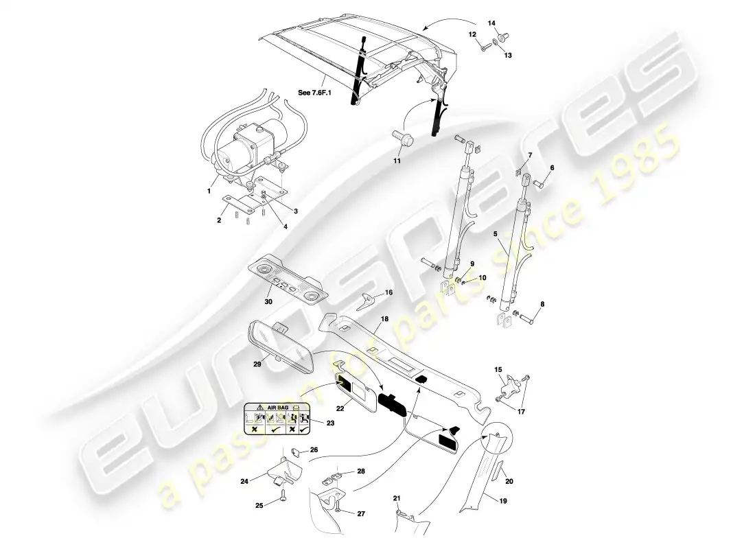 aston martin db7 vantage (2003) diagrama de piezas de moldura superior y techo volante