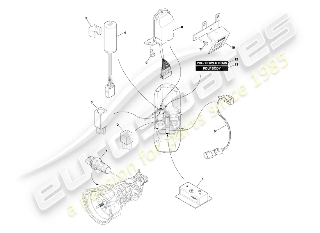 aston martin db7 vantage (2003) diagrama de piezas de componentes montados centralmente