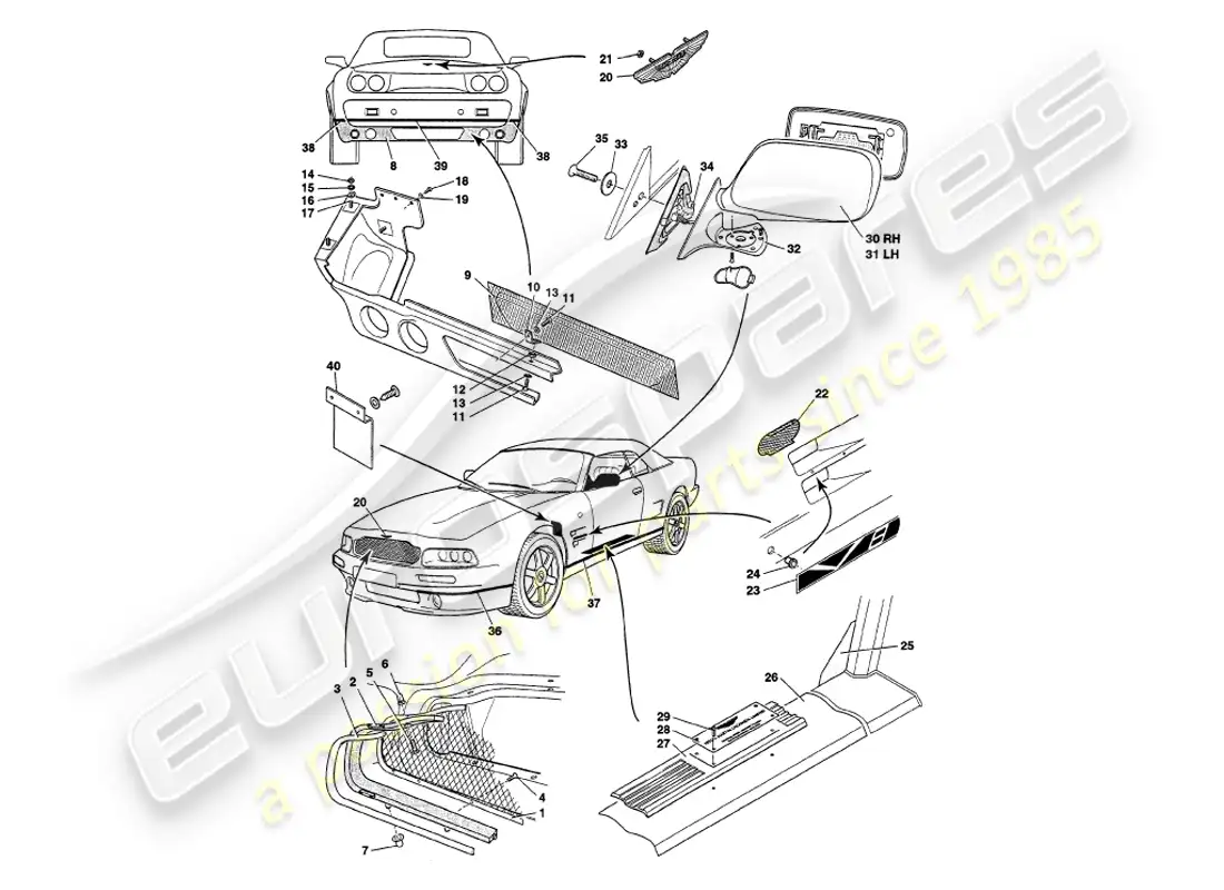 aston martin v8 volante (1998) accesorios para el cuerpo diagrama de piezas