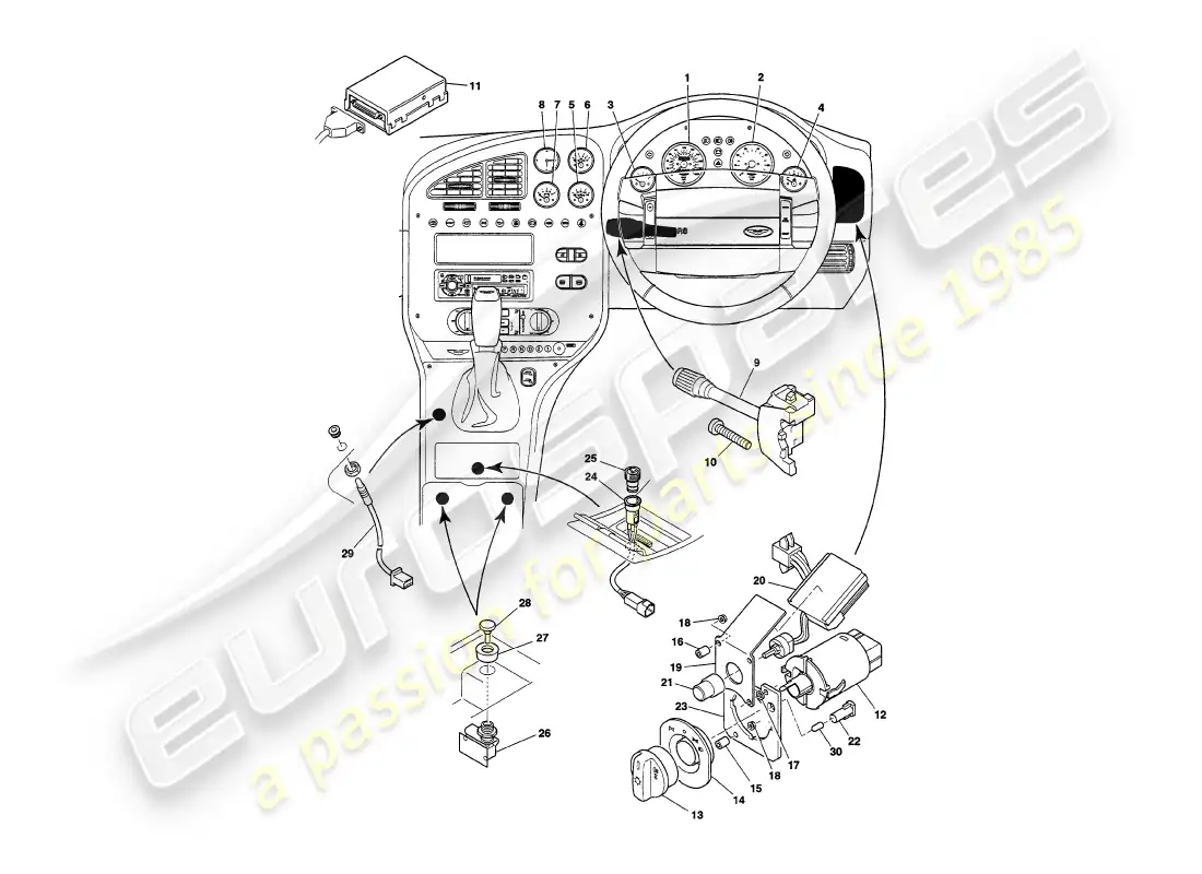 aston martin v8 volante (1998) instrumentos y controles diagrama de piezas