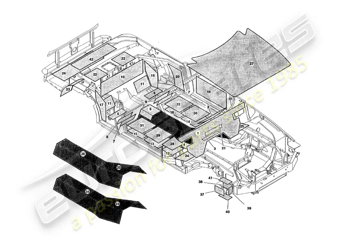 aston martin v8 volante (1998) amortiguación del sonido diagrama de piezas
