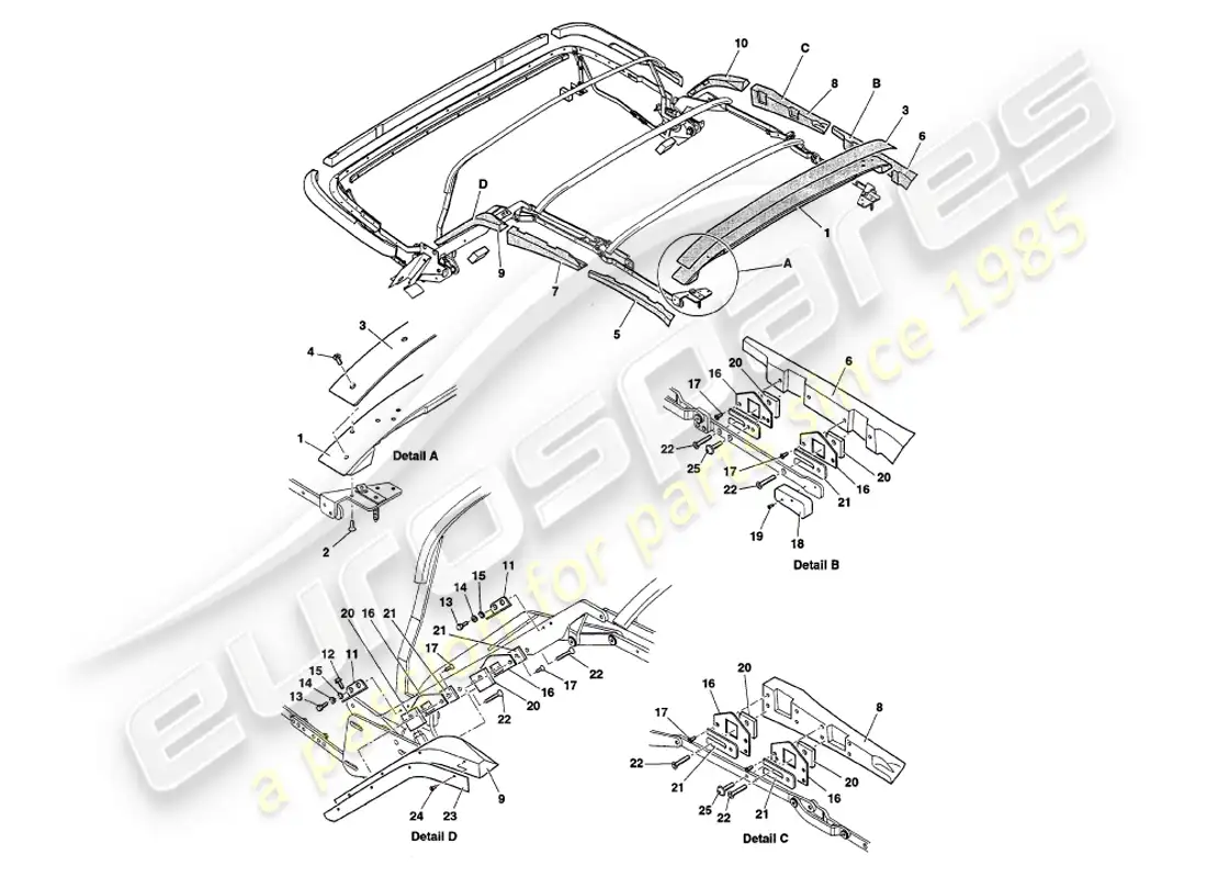 aston martin v8 volante (1998) maderas del marco del capó diagrama de piezas