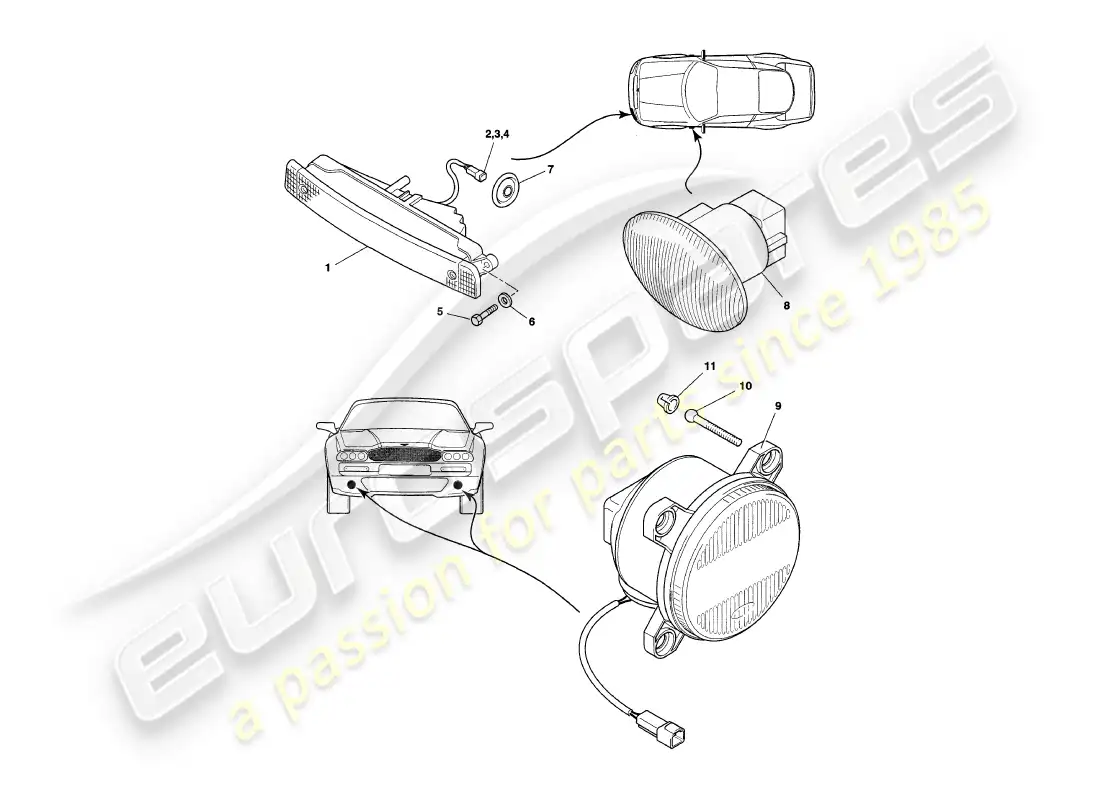 aston martin v8 coupe (2000) lámparas exteriores diagrama de piezas