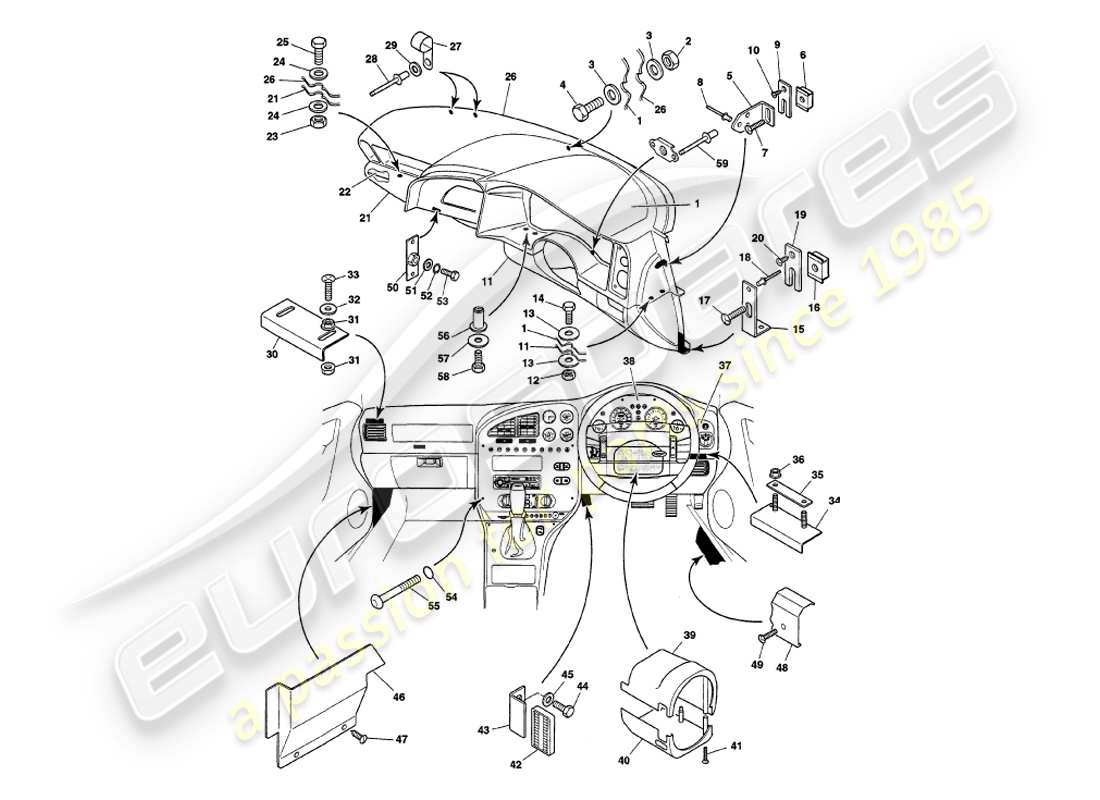 aston martin v8 volante (1997) diagrama de piezas de fascia y molduras