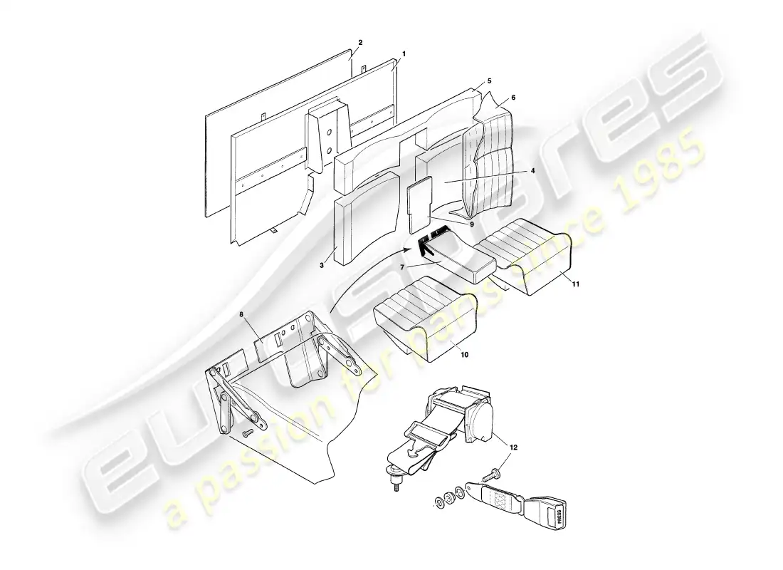 aston martin v8 coupe (1999) asientos traseros y cinturones diagrama de piezas
