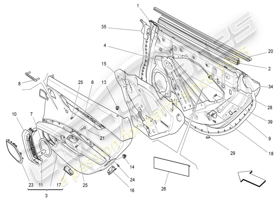maserati ghibli (2020) puertas traseras: paneles de acabado diagrama de piezas