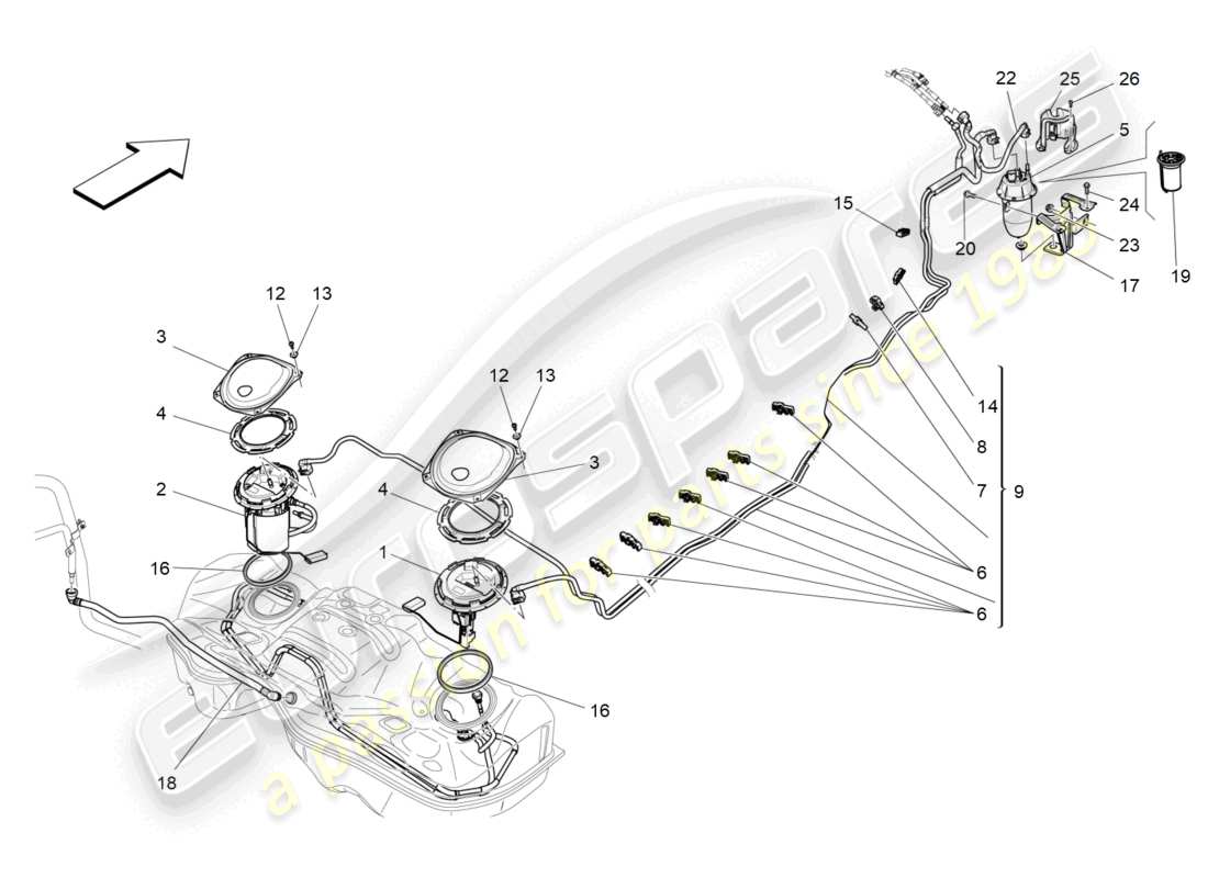 maserati levante (2018) diagrama de piezas de bombas de combustible y líneas de conexión