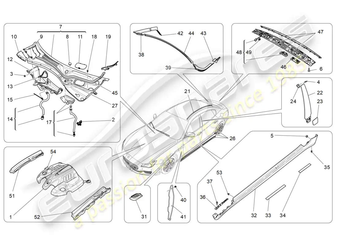 maserati qtp 3.0 tds v6 275hp (2015) diagrama de piezas de escudos, molduras y paneles de cobertura