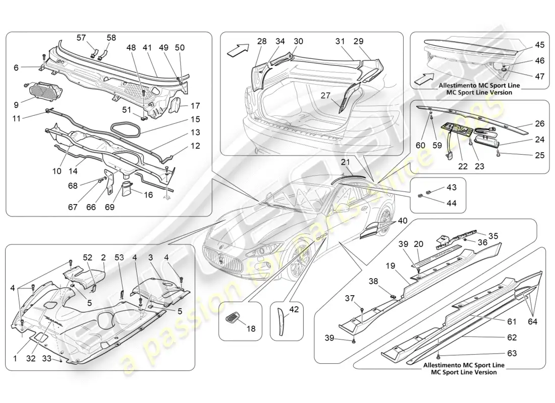 maserati granturismo (2016) protectores, embellecedores y paneles de cobertura diagrama de piezas
