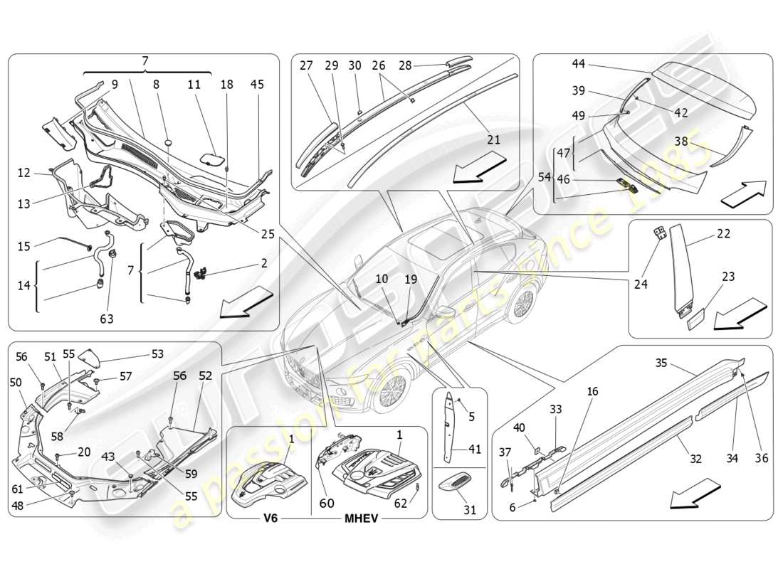 maserati levante zenga (2020) diagrama de piezas de escudos, molduras y paneles de cobertura