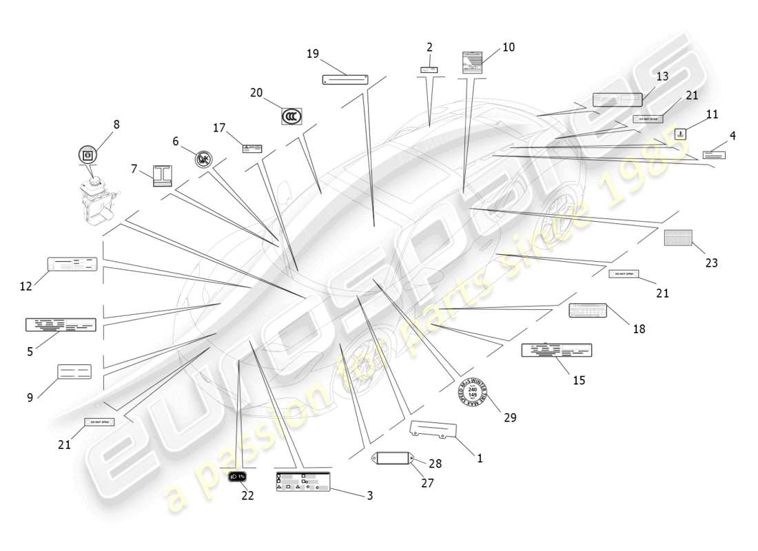 maserati mc20 cielo (2023) pegatinas y etiquetas diagrama de piezas