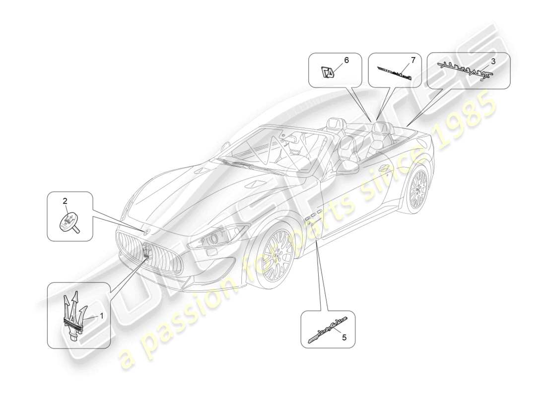 maserati grancabrio mc (2013) diagrama de piezas de adornos, marcas y símbolos