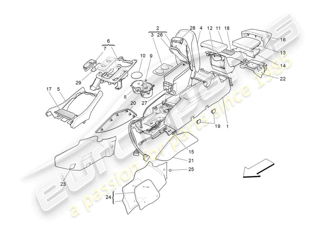 maserati granturismo mc stradale (2011) diagrama de piezas de la consola de accesorios y la consola central