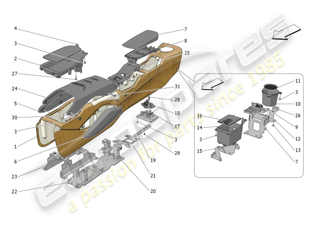 maserati mc20 (2023) diagrama de piezas de la consola de accesorios y la consola central