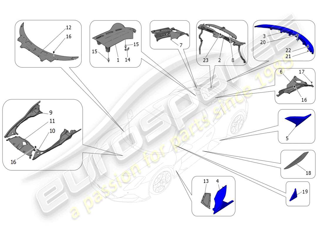 maserati mc20 (2023) diagrama de piezas de escudos, molduras y paneles de cobertura