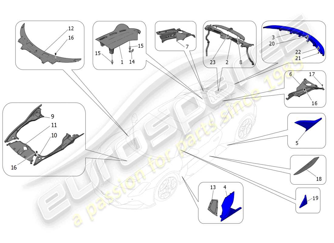 maserati mc20 (2022) protectores, embellecedores y paneles de cobertura diagrama de piezas