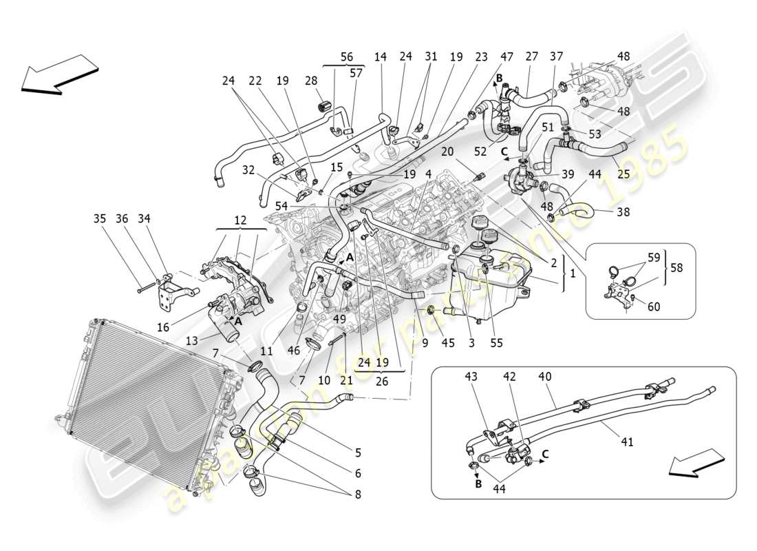 maserati quattroporte (2018) sistema de refrigeración: diagrama de piezas de nourice y líneas