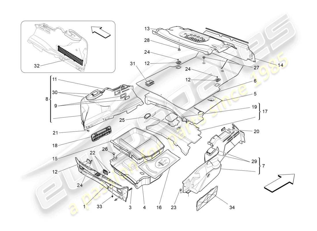 maserati quattroporte (2018) alfombrillas del maletero diagrama de piezas