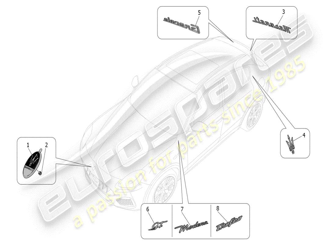 maserati grecale modena (2023) diagrama de piezas de adornos, marcas y símbolos