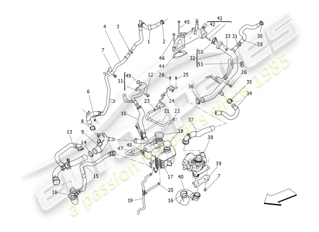 maserati ghibli fragment (2022) sistema de refrigeración: diagrama de piezas de nourice y líneas