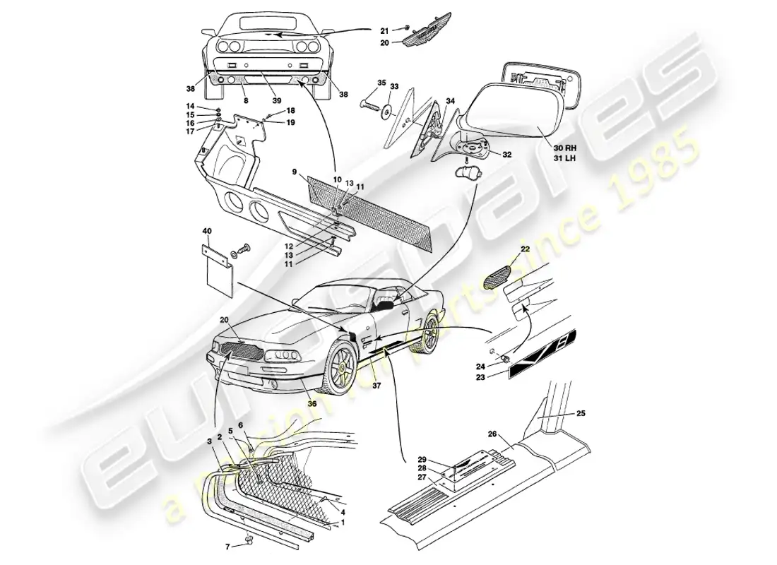 aston martin v8 volante (1999) accesorios para el cuerpo diagrama de piezas