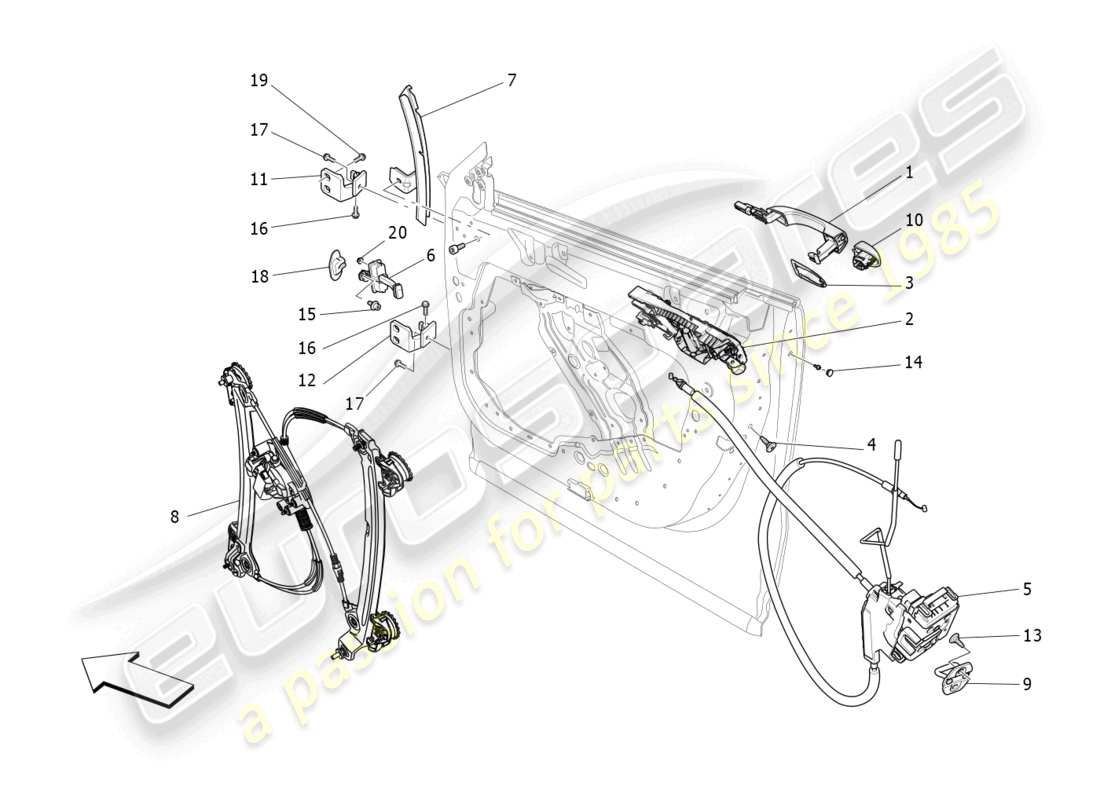 maserati levante modena s (2022) puertas delanteras: mecanismos diagrama de piezas